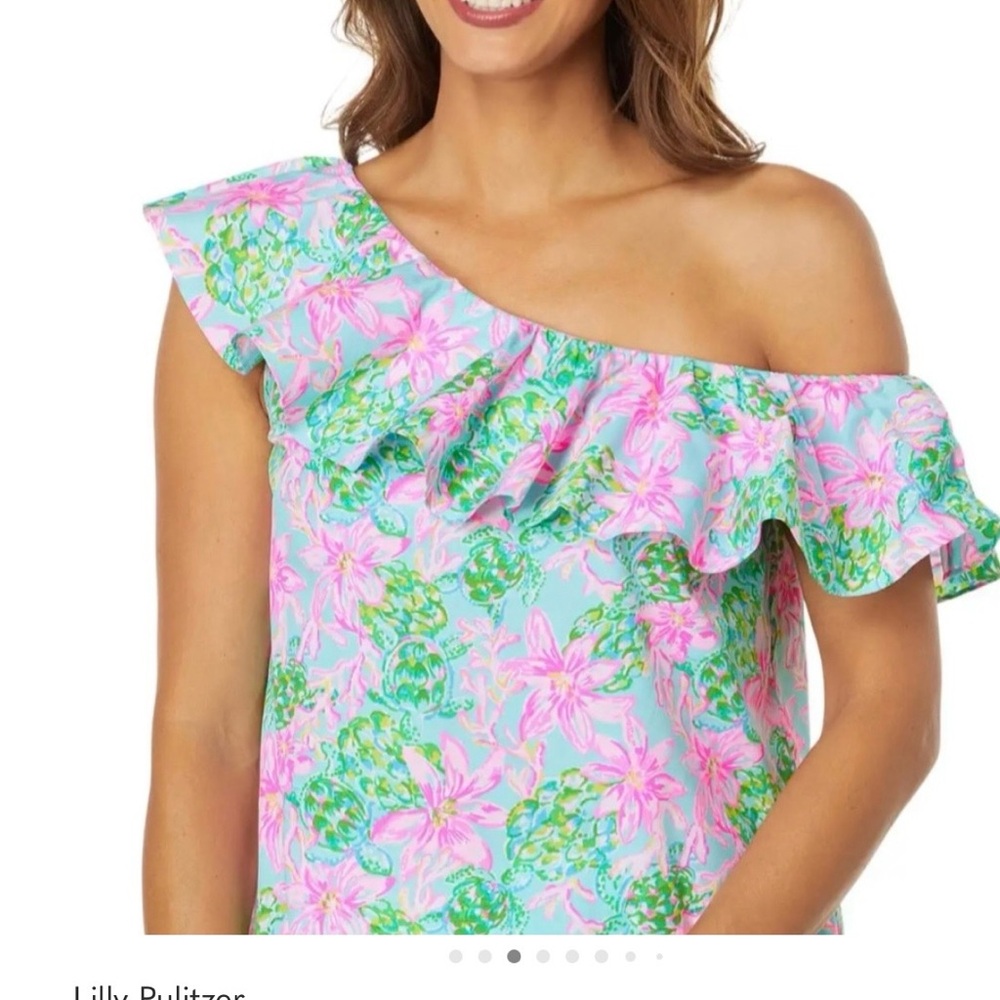 Lilly Pulitzer Pink & Aqua Floral One-Shoulder Ruffle Top